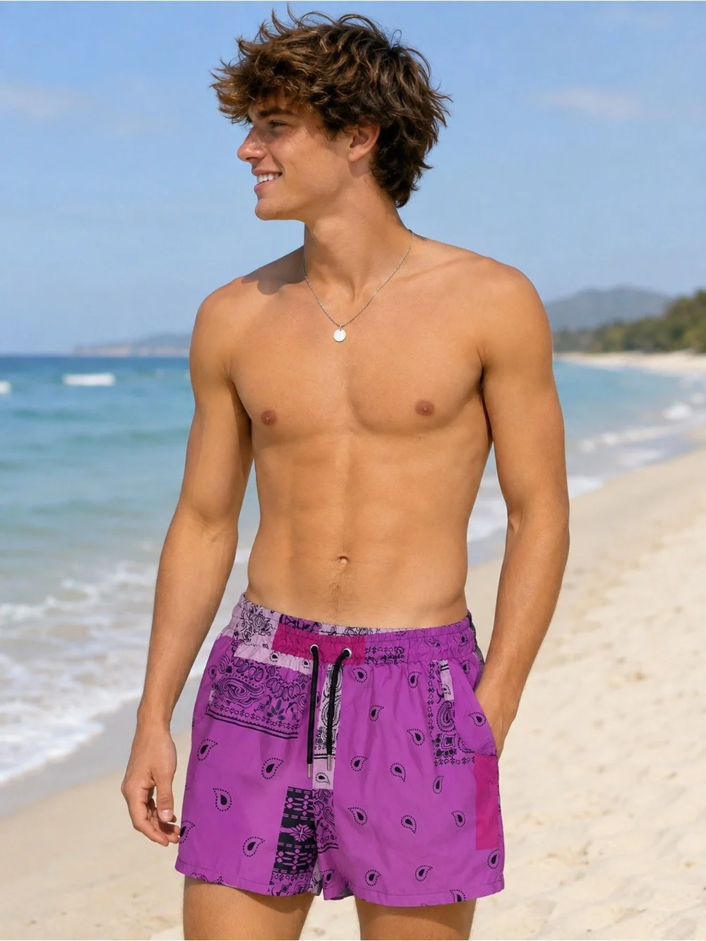 boohooMAN Mens S Pink Purple Bandana Print Swim Shorts Mesh Lined Paisley